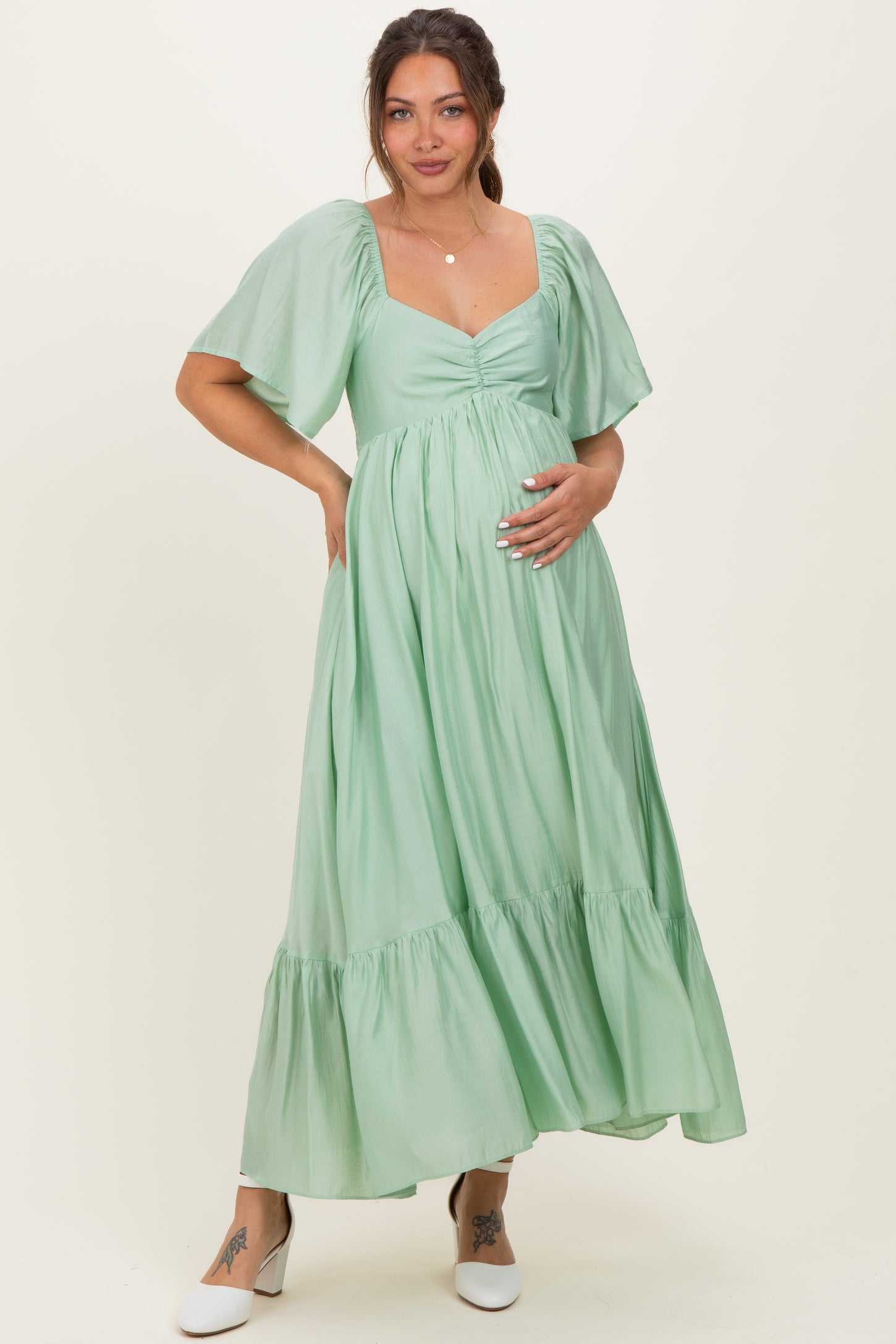 Mint Flutter Sleeve Ruffle Hem Maternity Midi Dress