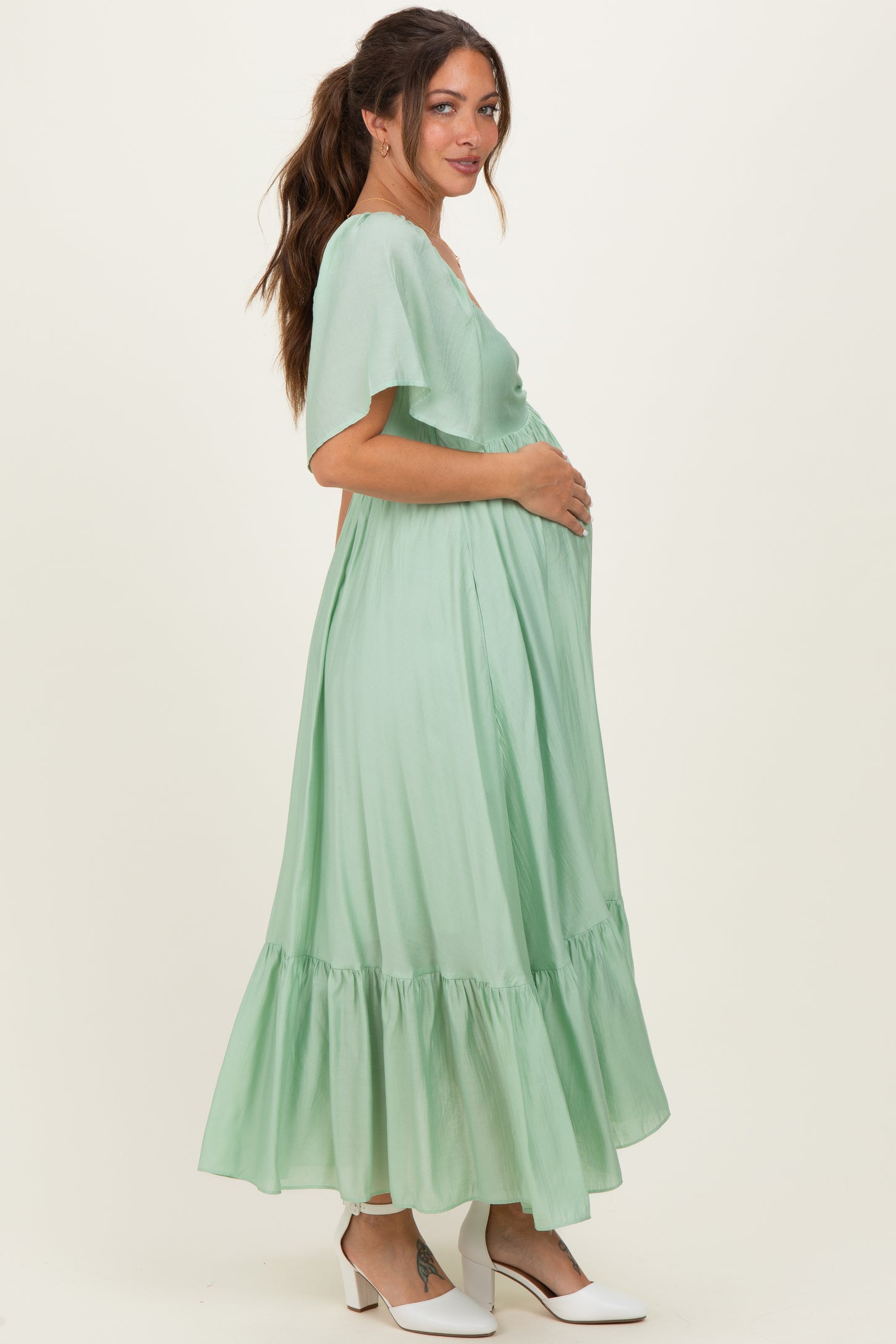 Mint Flutter Sleeve Ruffle Hem Maternity Midi Dress