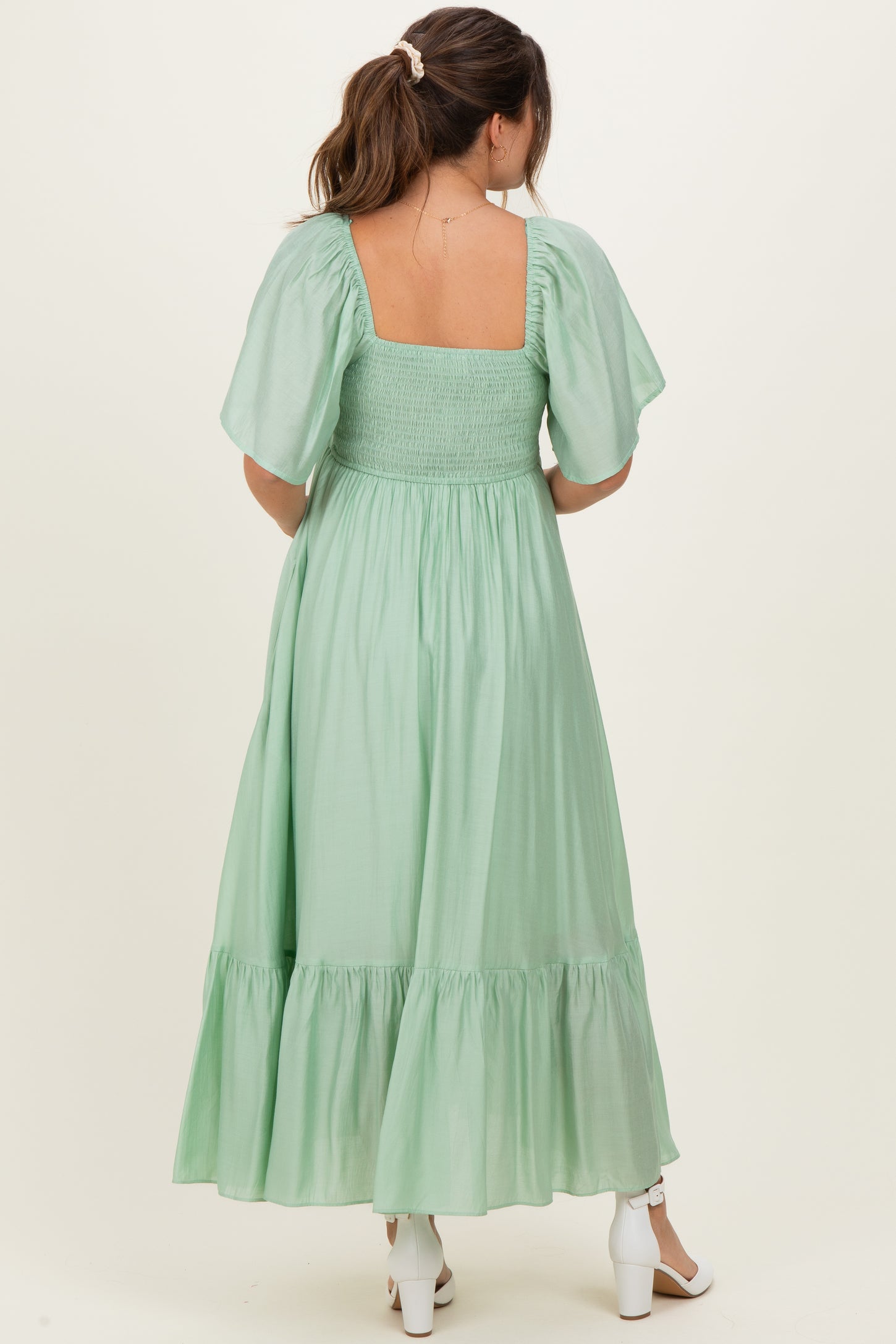 Mint Flutter Sleeve Ruffle Hem Maternity Midi Dress