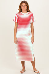 Red Striped Short Sleeve Midi Dress