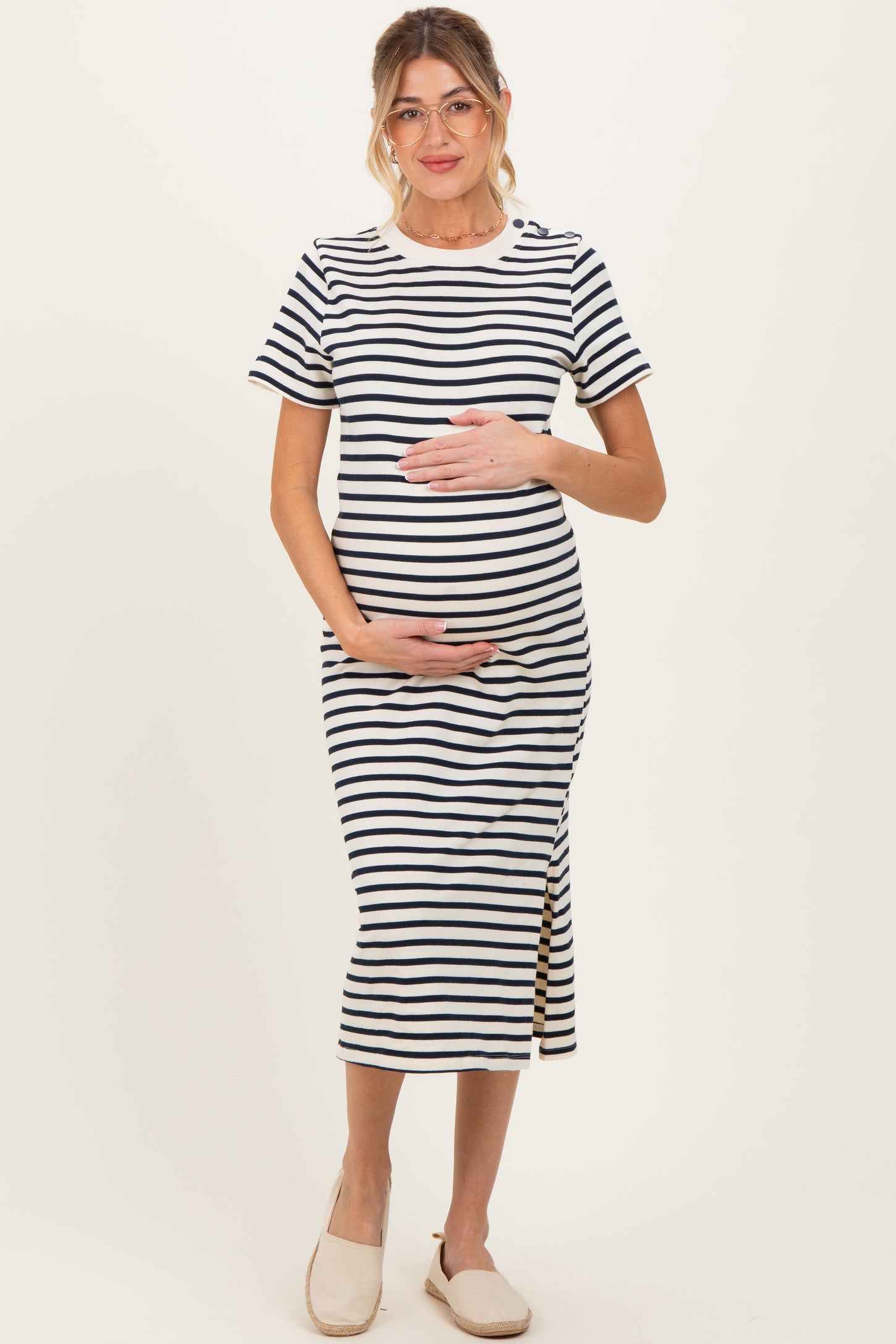 Navy Striped Short Sleeve Maternity Midi Dress