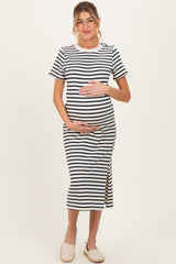 Navy Striped Short Sleeve Maternity Midi Dress