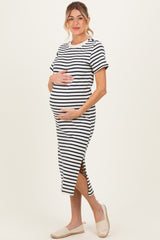 Navy Striped Short Sleeve Maternity Midi Dress
