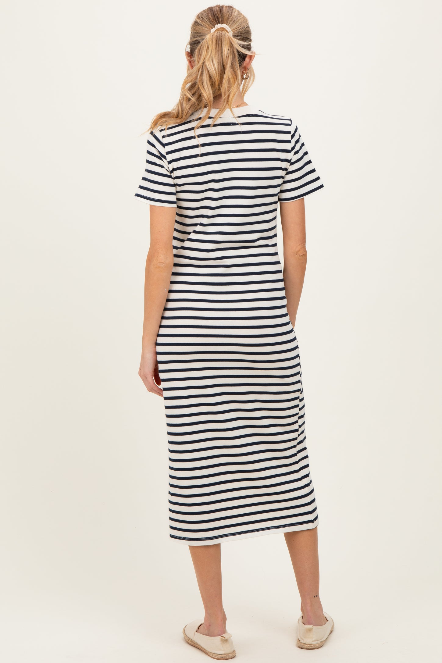 Navy Striped Short Sleeve Maternity Midi Dress