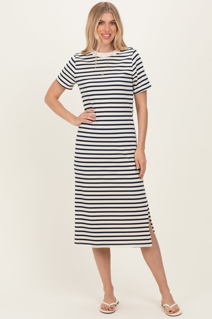 Navy Striped Short Sleeve Maternity Midi Dress
