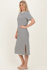 Navy Striped Short Sleeve Midi Dress