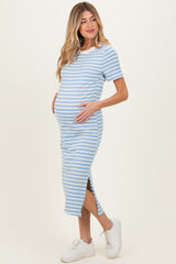Light Blue Striped Short Sleeve Maternity Midi Dress