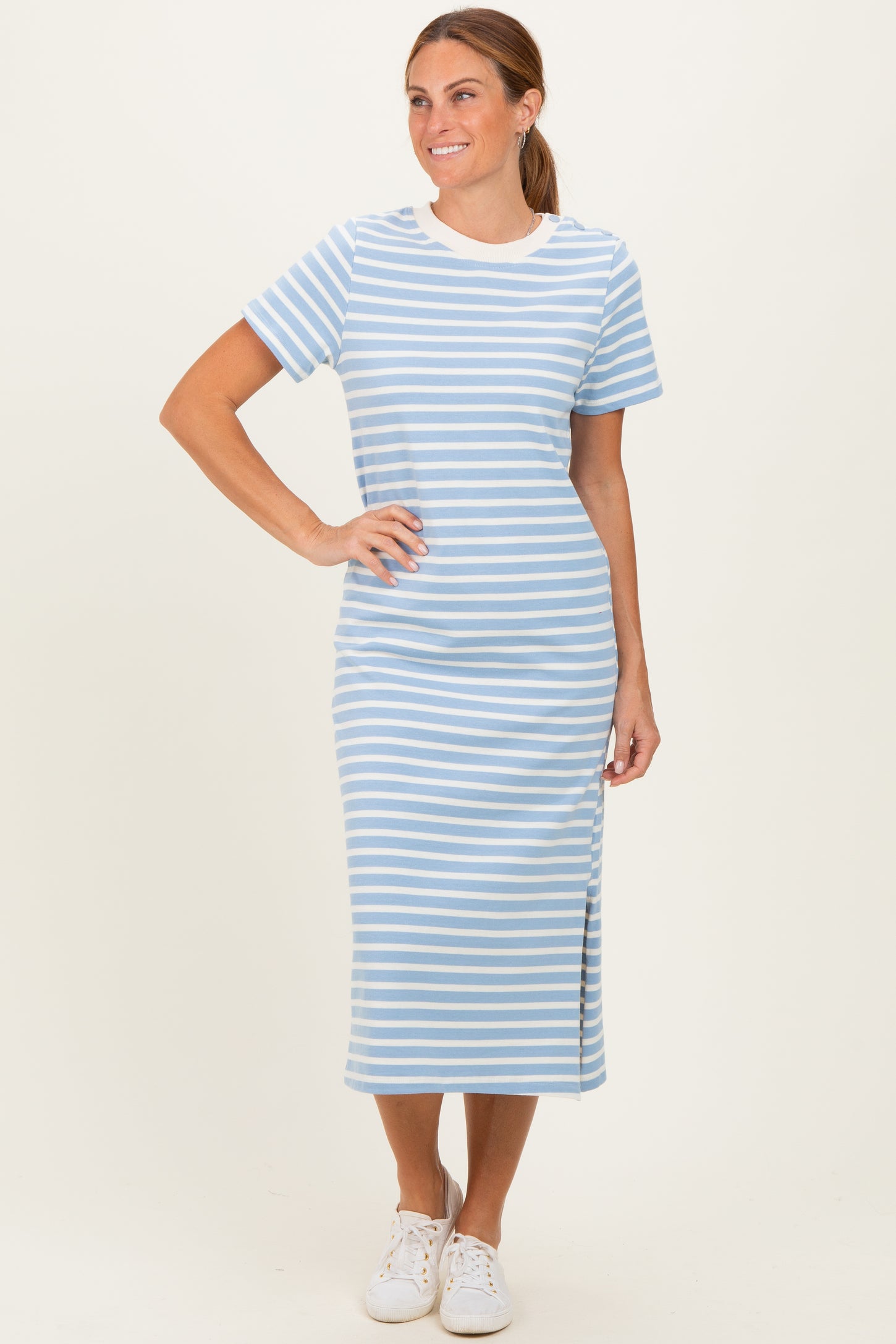 Light Blue Striped Short Sleeve Midi Dress