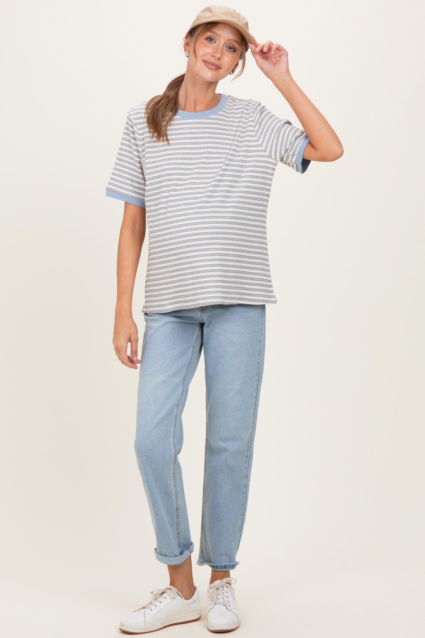Light Blue Striped Short Sleeve Maternity T-Shirt