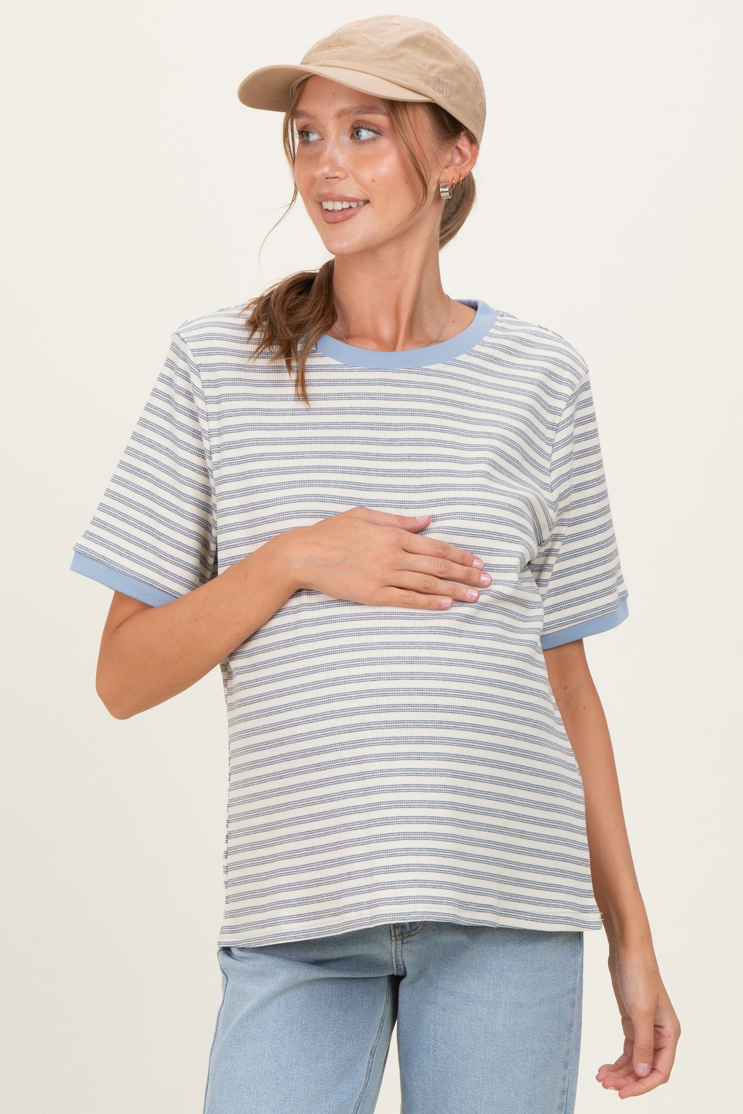 Light Blue Striped Short Sleeve Maternity T-Shirt
