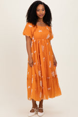 Tangerine Floral Print Ruffle Hem Midi Dress