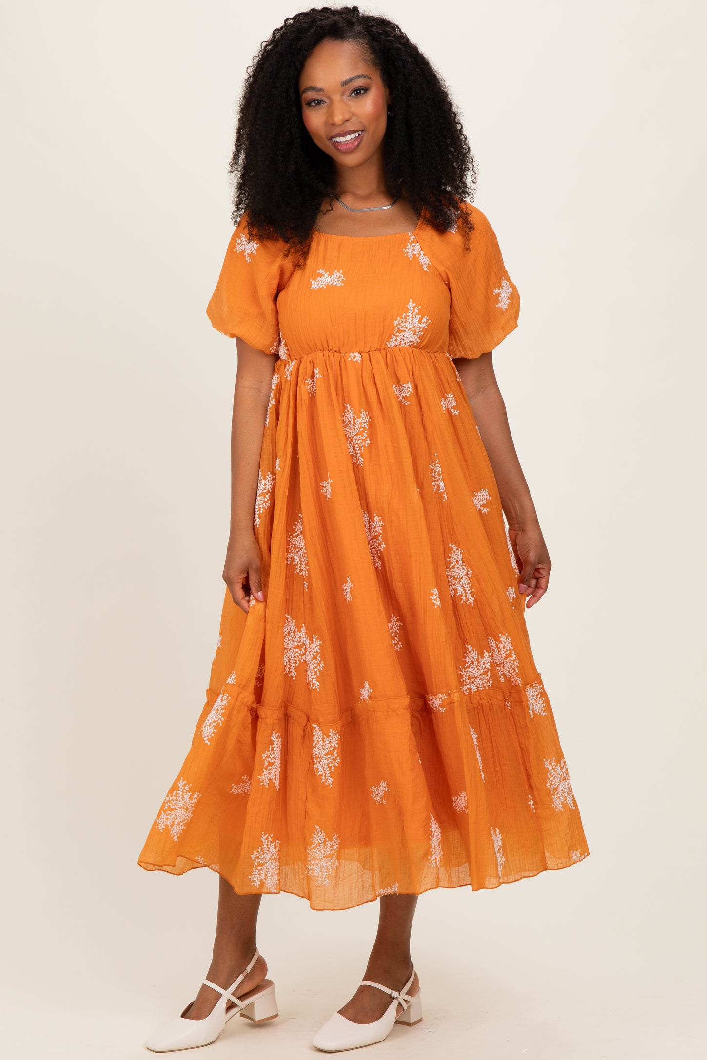 Tangerine Floral Print Ruffle Hem Midi Dress