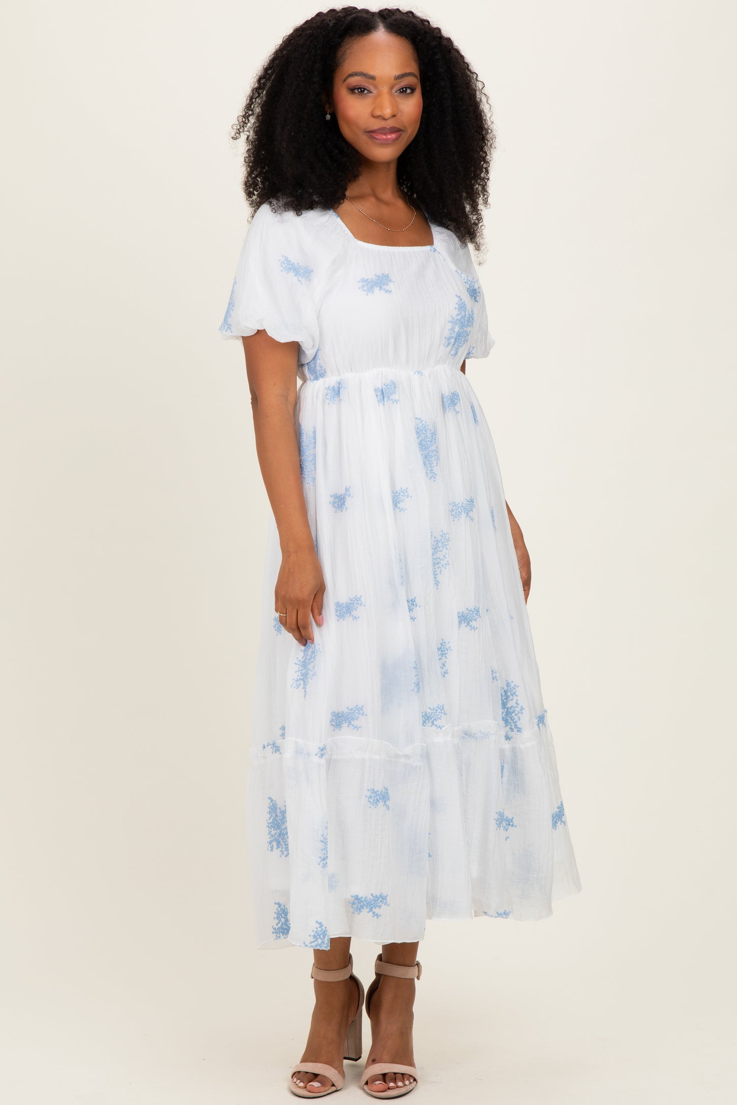 Ivory Floral Print Ruffle Hem Midi Dress