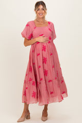 Pink Floral Print Ruffle Hem Maternity Midi Dress