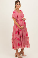 Pink Floral Print Ruffle Hem Maternity Midi Dress