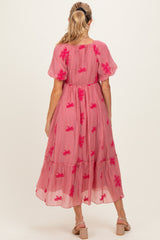 Pink Floral Print Ruffle Hem Maternity Midi Dress