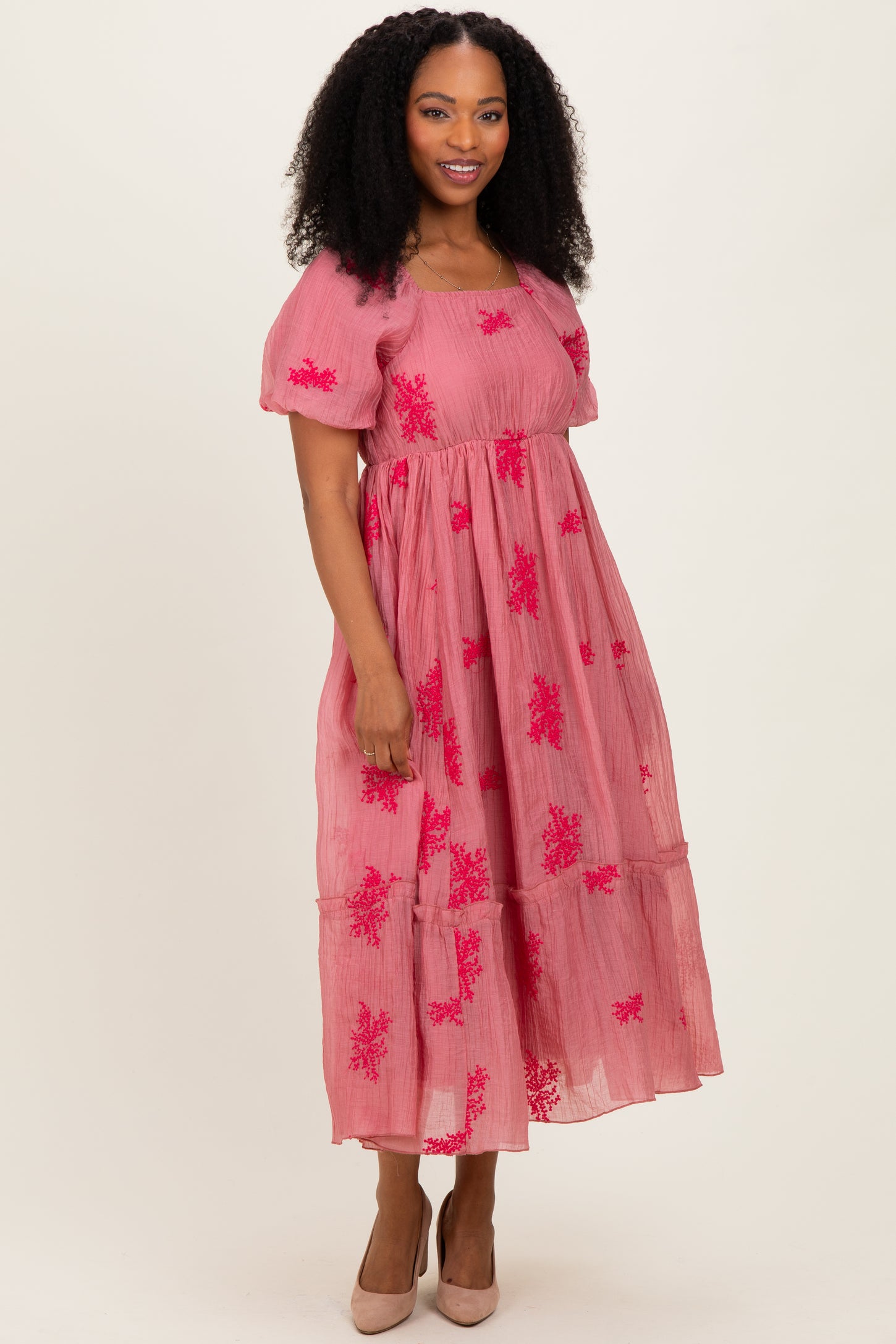 Pink Floral Print Ruffle Hem Midi Dress