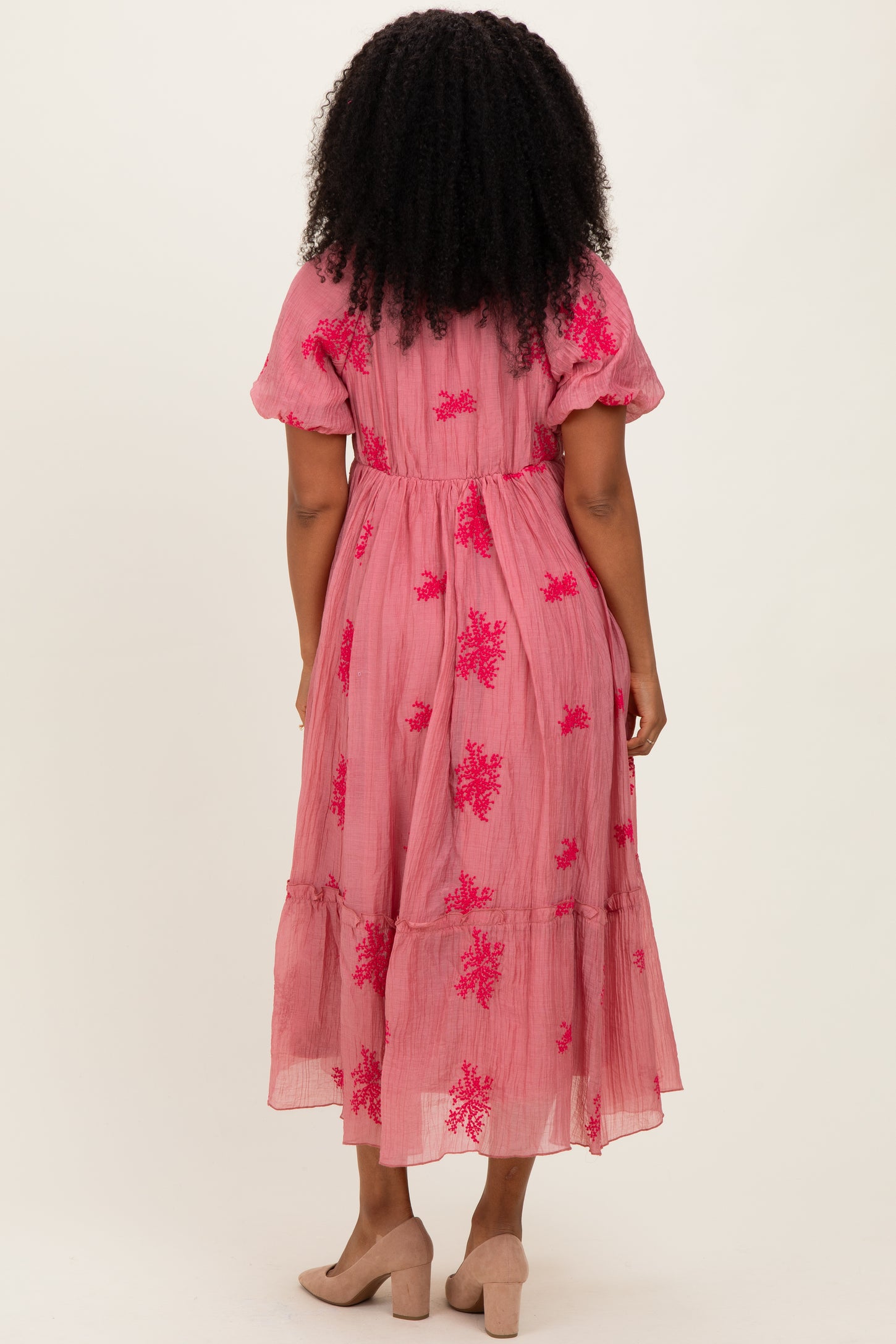 Pink Floral Print Ruffle Hem Midi Dress