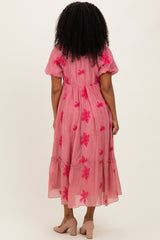 Pink Floral Print Ruffle Hem Midi Dress