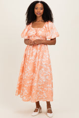 Peach Floral Textured Puff Sleeve Maternity Midi Dress