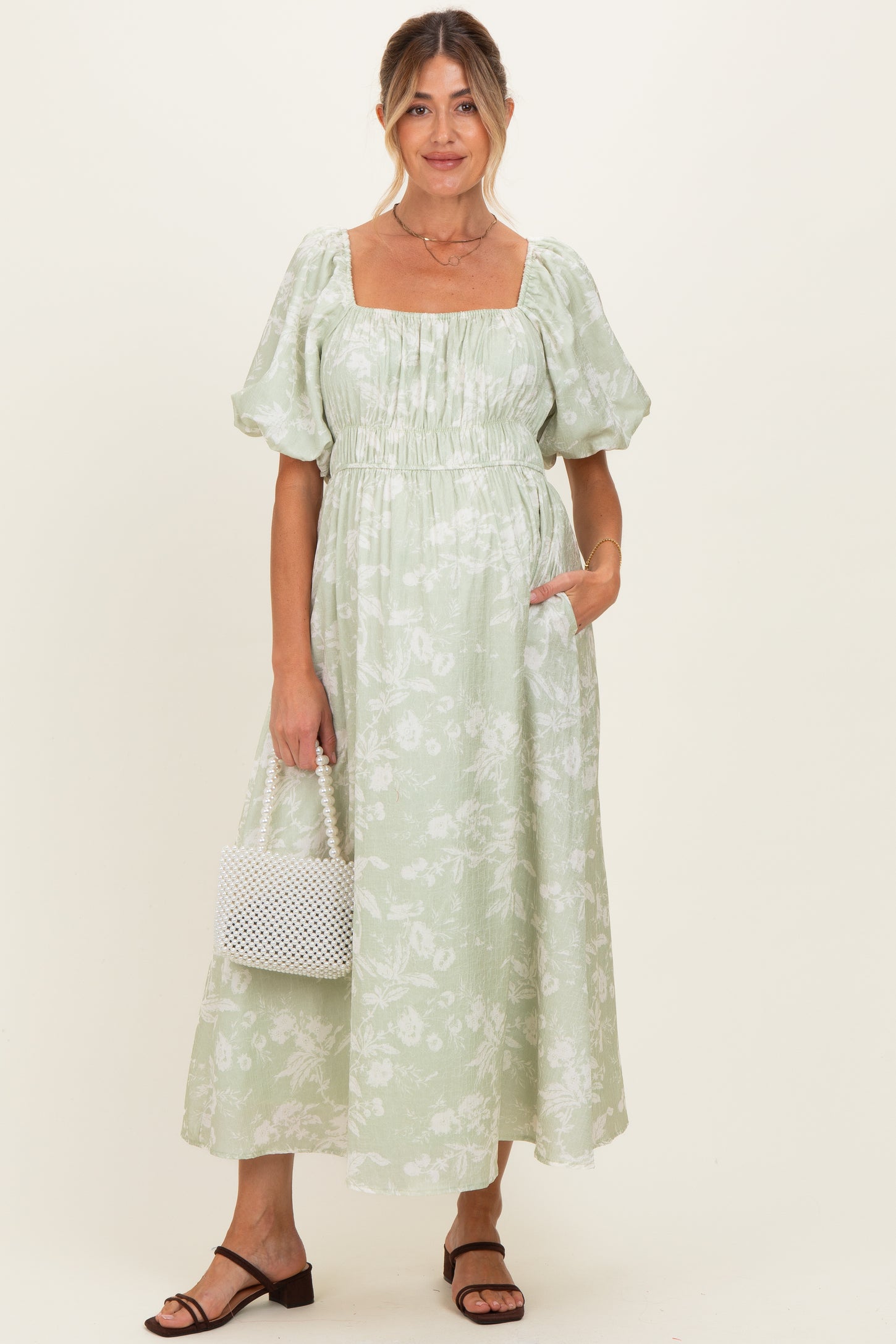 Sage Puff Sleeve Smocked Waist Maternity Midi Dress