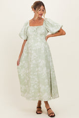 Sage Puff Sleeve Smocked Waist Maternity Midi Dress
