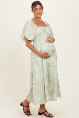 Sage Puff Sleeve Smocked Waist Maternity Midi Dress
