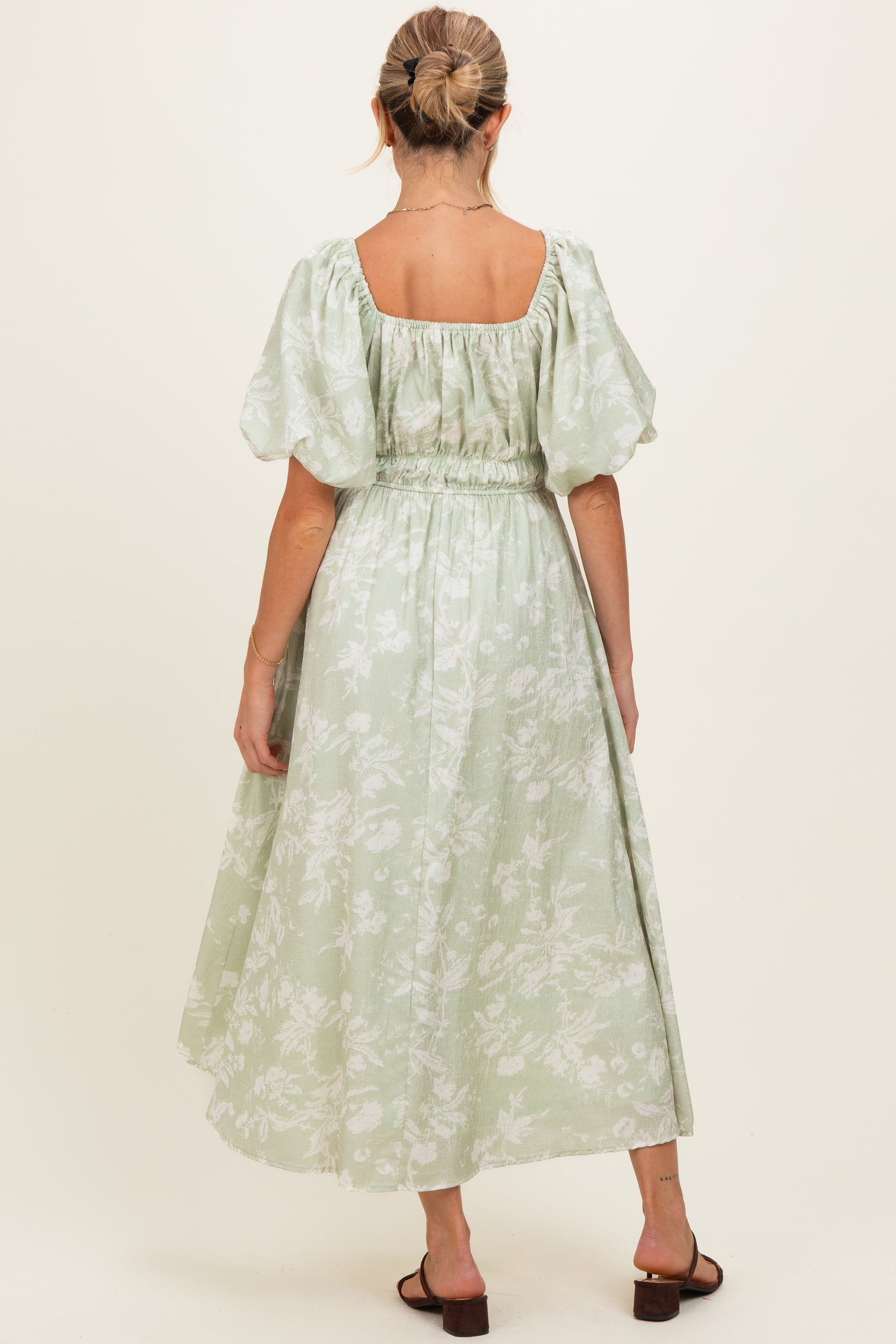 Sage Puff Sleeve Smocked Waist Maternity Midi Dress