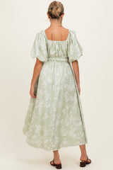 Sage Puff Sleeve Smocked Waist Maternity Midi Dress