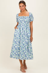 Blue Floral Smocked Ruffle Accent Maternity Midi Dress