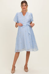 Blue Floral Embroidered Tie Waist Maternity Dress