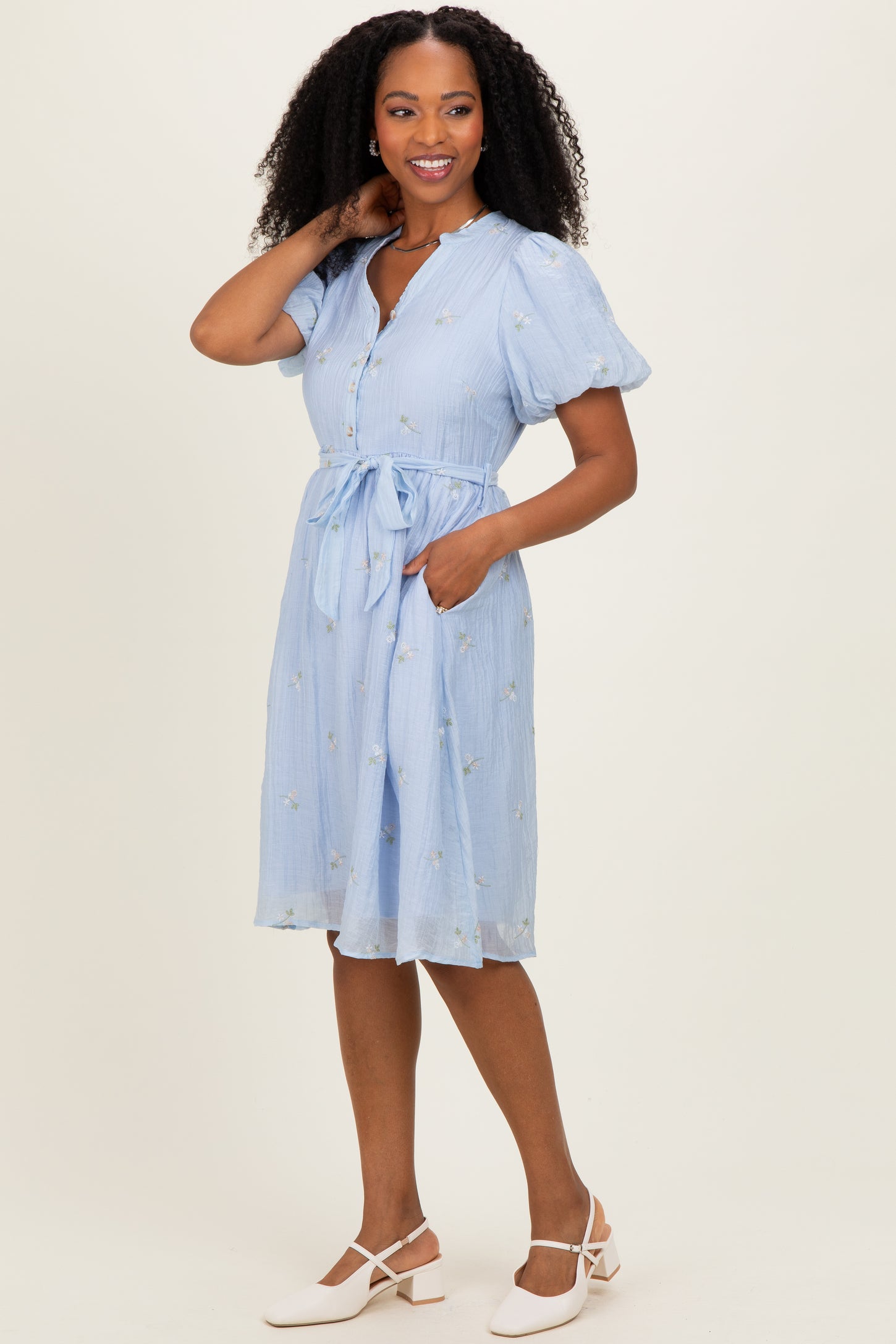 Blue Floral Embroidered Tie Waist Dress