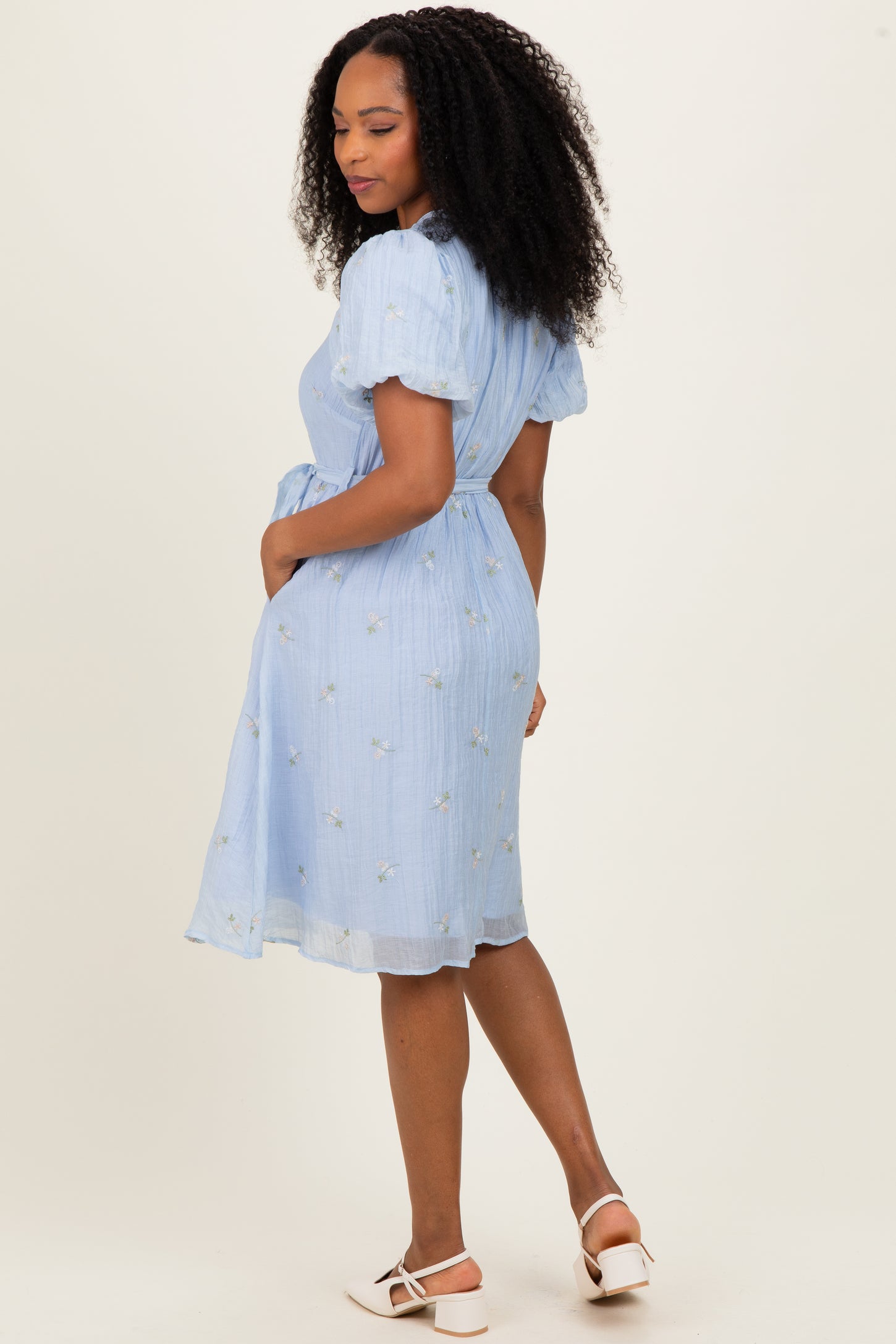 Blue Floral Embroidered Tie Waist Dress