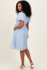 Blue Floral Embroidered Tie Waist Dress