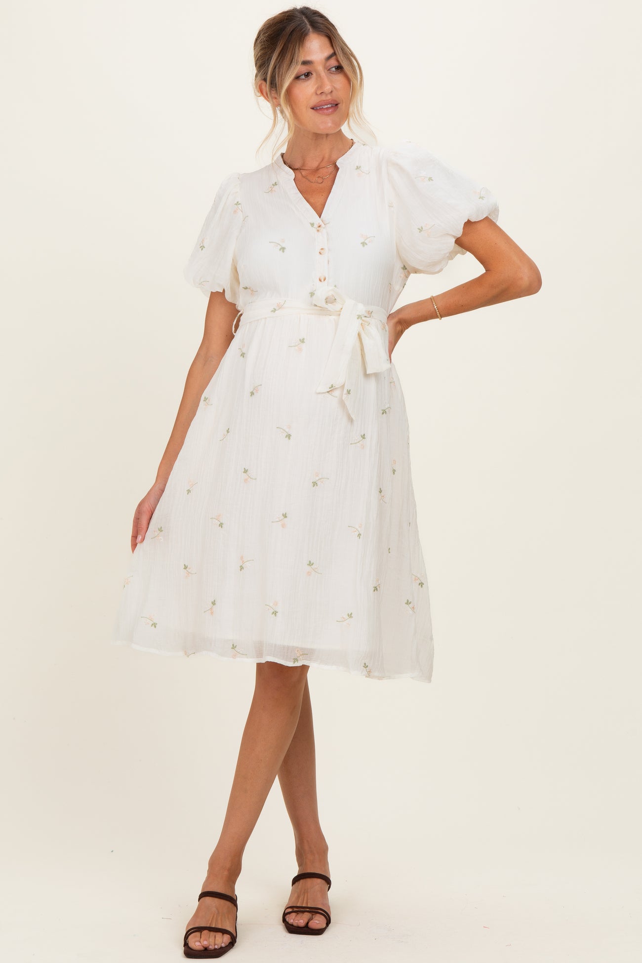 Cream Floral Embroidered Tie Waist Maternity Dress