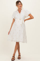 Cream Floral Embroidered Tie Waist Maternity Dress