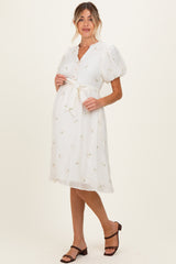 Cream Floral Embroidered Tie Waist Maternity Dress
