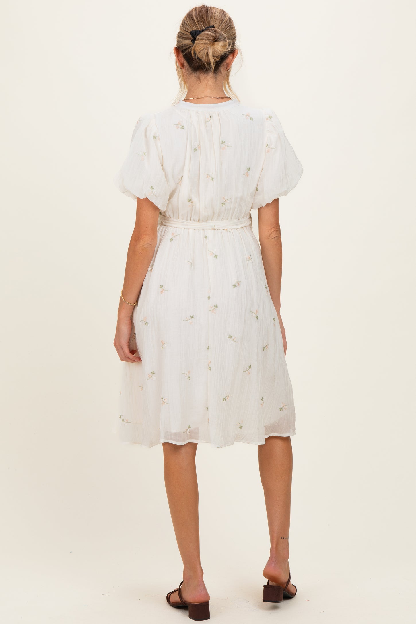 Cream Floral Embroidered Tie Waist Maternity Dress