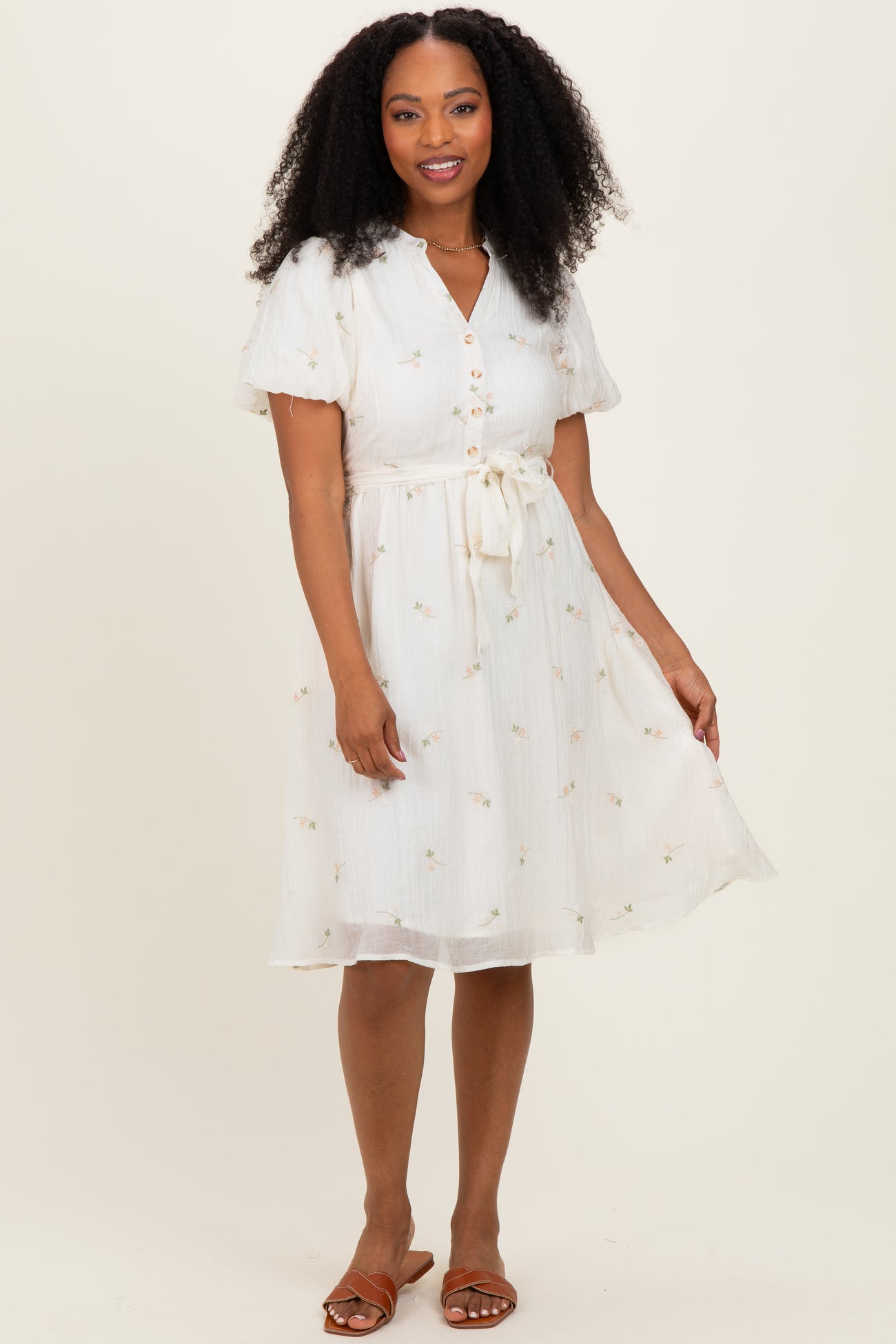 Cream Floral Embroidered Tie Waist Dress