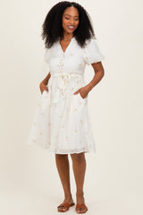 Cream Floral Embroidered Tie Waist Maternity Dress