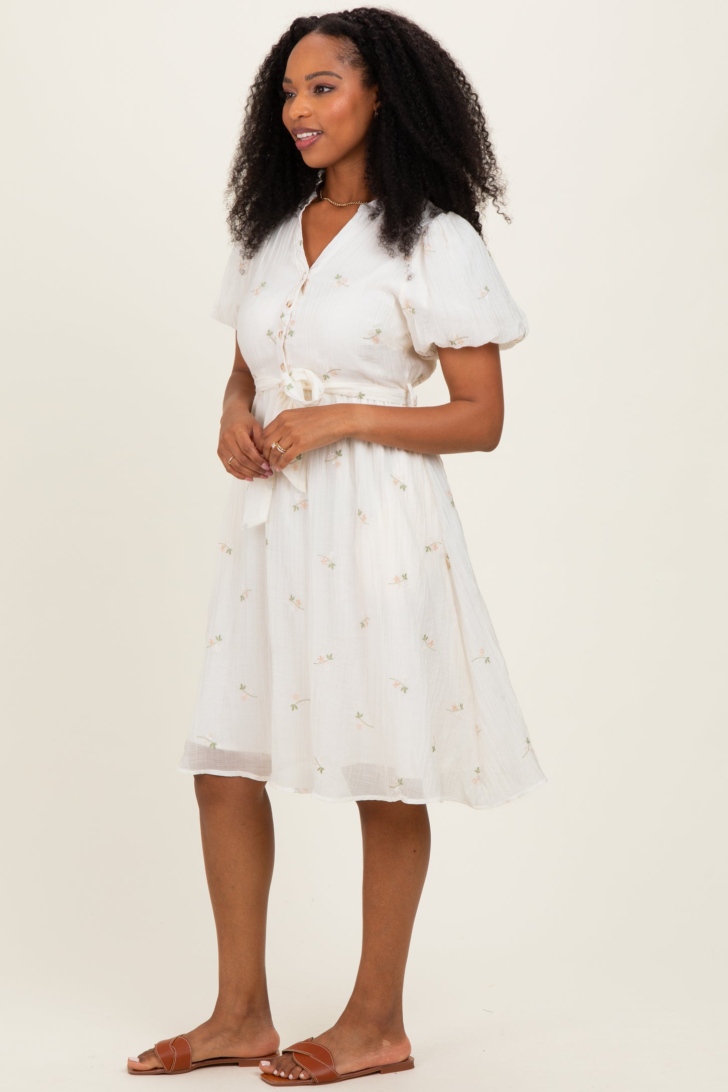 Cream Floral Embroidered Tie Waist Dress
