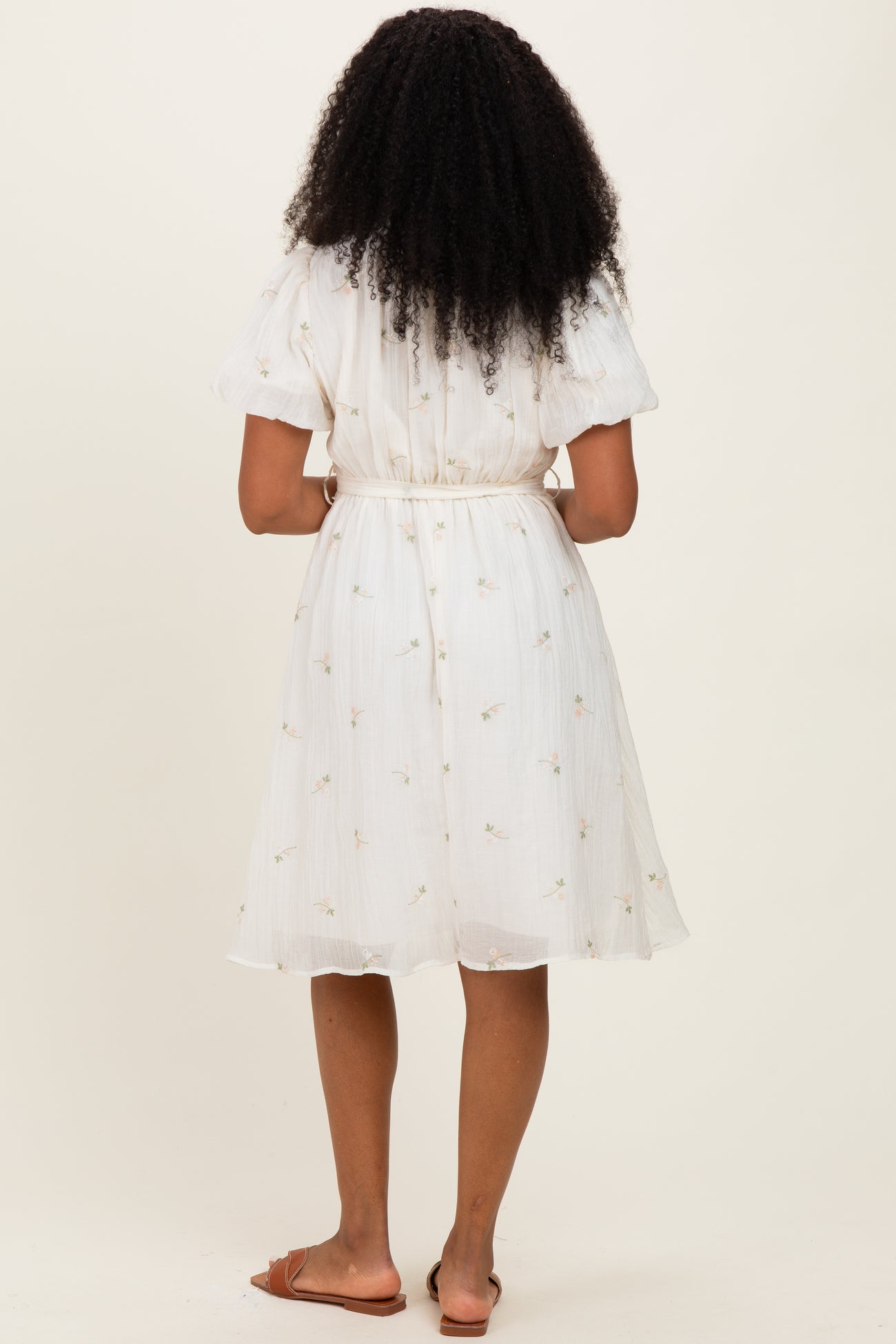 Cream Floral Embroidered Tie Waist Dress
