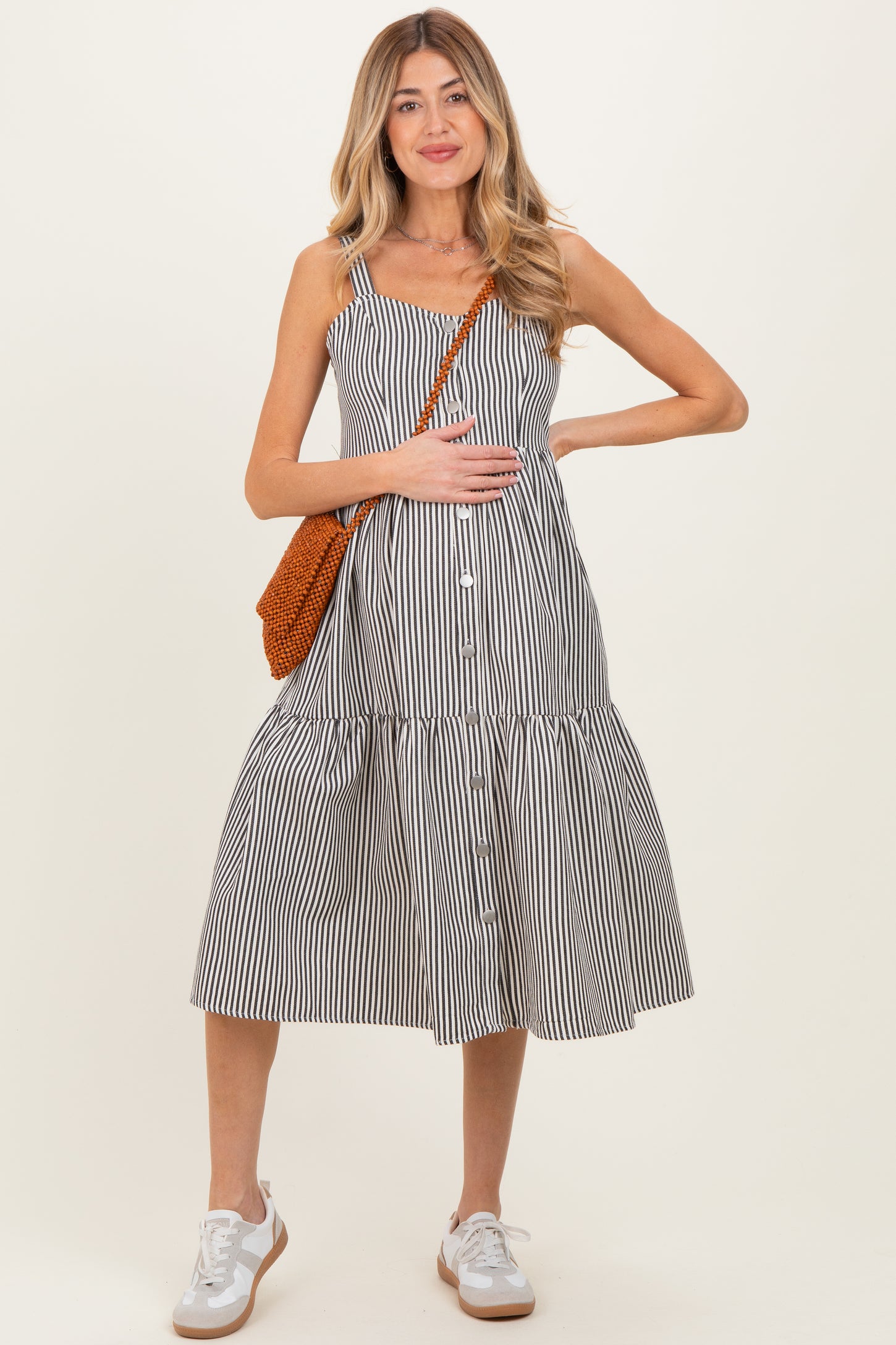 Black Striped Tiered Maternity Overall Dress