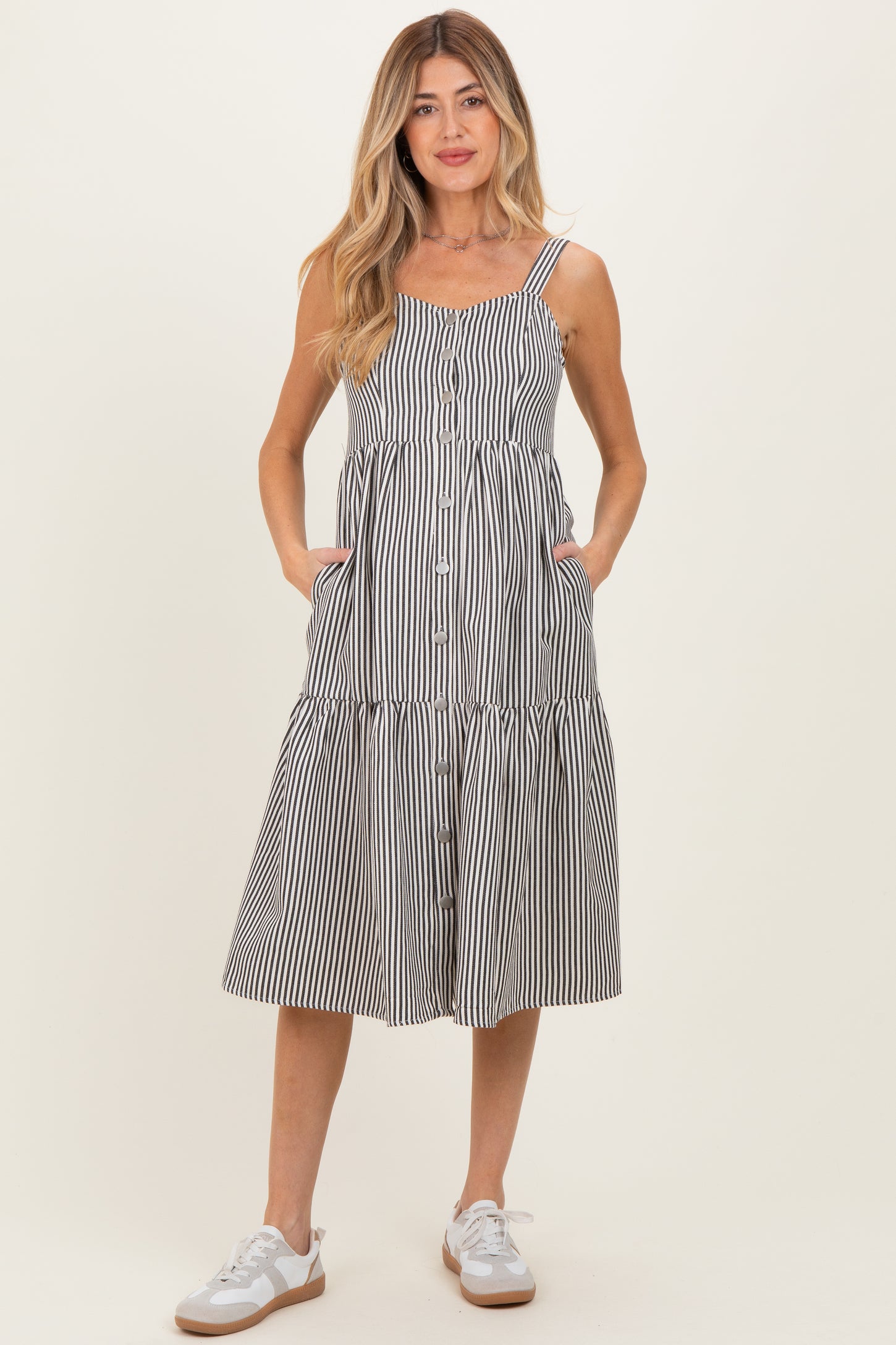 Black Striped Tiered Maternity Overall Dress