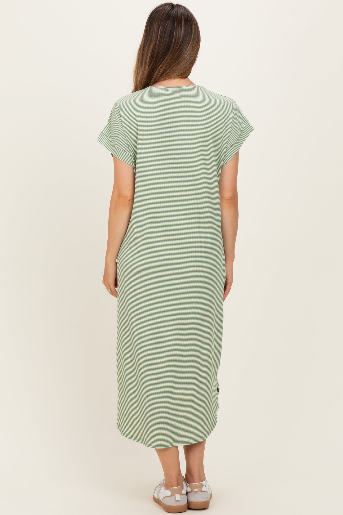 Sage Striped Button Detail Maternity Midi Dress