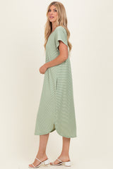 Sage Striped Button Detail Midi Dress