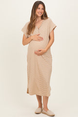 Camel Striped Button Detail Maternity Midi Dress