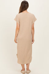 Camel Striped Button Detail Maternity Midi Dress
