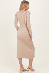 Beige Bow Shoulder Knit Dress