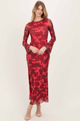 Red Floral Bell Sleeve Maternity Maxi Dress